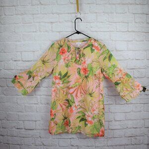 J. Jill Tropical Floral Pink Pop Over Tunic Blouse